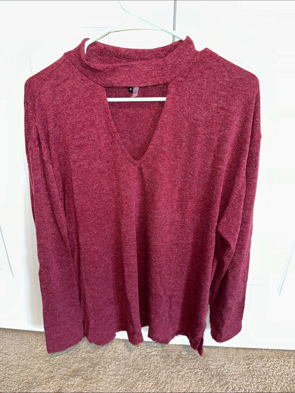 Women's Burgundy V-Slit Mock Neck Long Sleeve Top